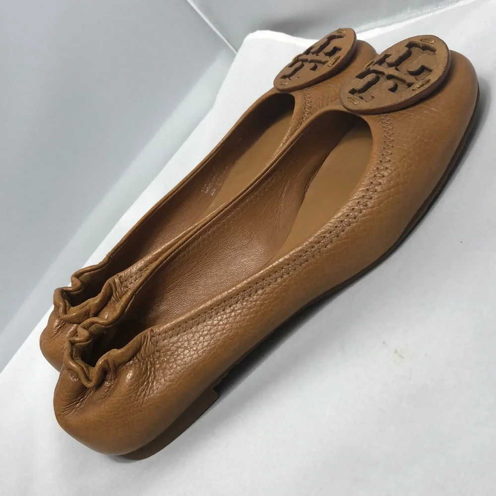 Tory Burch Tan Leather Logo Ballet Flats